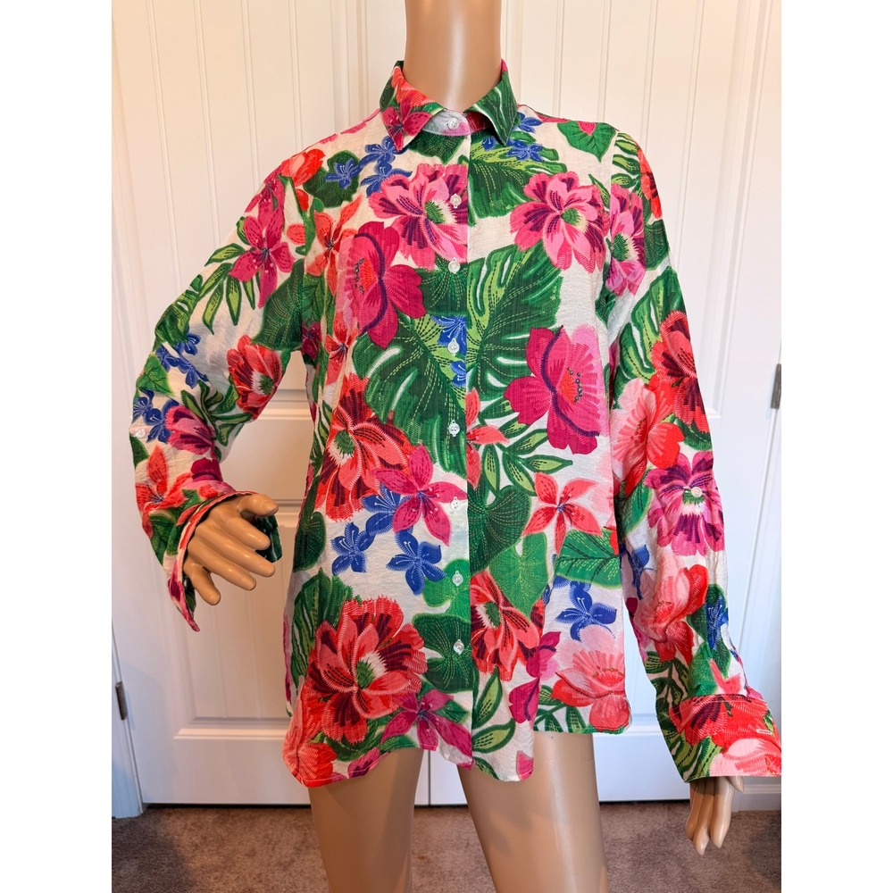C by One Tropical Floral Button Down Shirt Pink Green XS Resort Vacation Miami - Picture 2 of 13